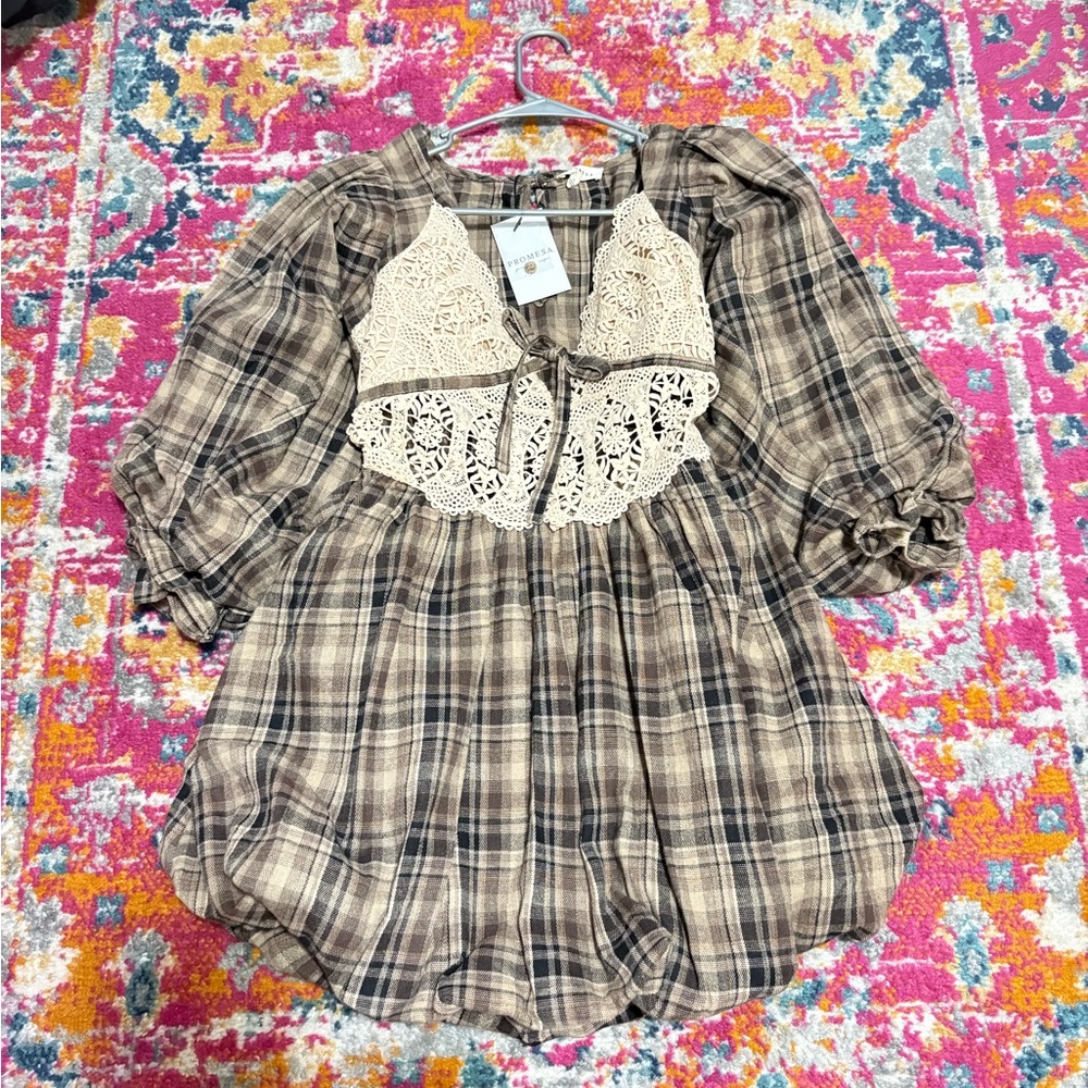 Three Bird Nest Plaid Tunic Dress with Cream Crochet Bib